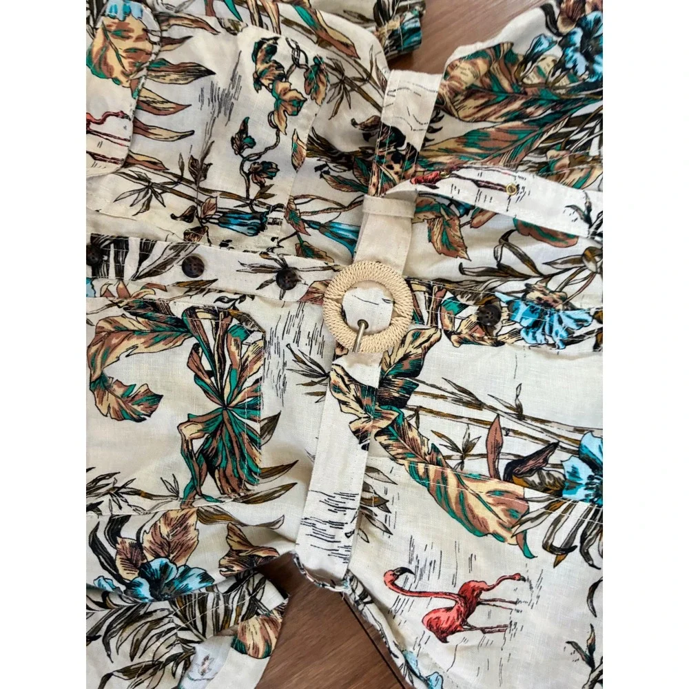 Banana Republic Linen Tropical Flamingo Print Belted Romper Size M Vacations